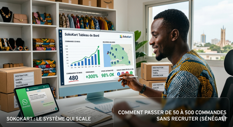 Commerçant sénégalais gérant 500 commandes par mois depuis son tableau de bord SokoKart qui est parvenu à augmenter ses commandes en ligne au Sénégal grâce à Sokokart