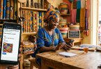 Commerçante sénégalaise créant sa boutique en ligne sur SokoKart depuis son téléphone