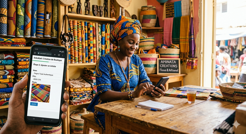 Commerçante sénégalaise créant sa boutique en ligne sur SokoKart depuis son téléphone
